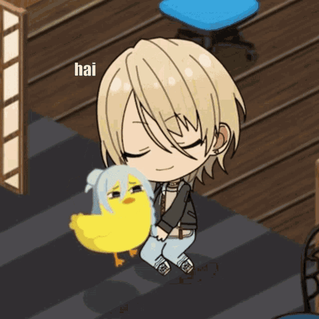 a cartoon character is holding a yellow chicken and the word hai is on the bottom