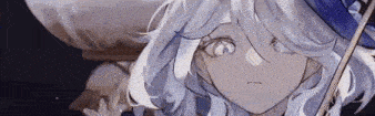 a close up of a white haired anime girl wearing a blue hat and holding an umbrella .
