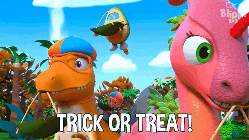 a cartoon dinosaur says trick or treat in front of a pink dinosaur