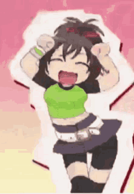 the girl is wearing a green top and a black skirt and is dancing .