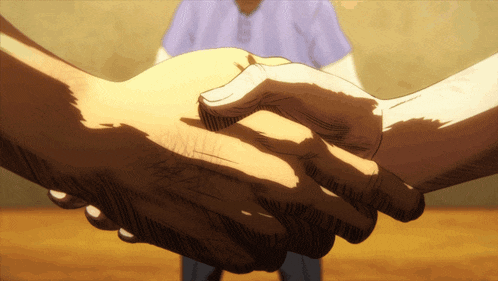 a man in a blue shirt shakes hands with another man in a yellow shirt