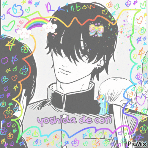 a black and white drawing of a boy with a rainbow and the name yoshida de con