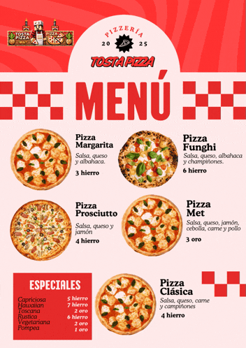 a menu for pizzeria tosta pizza shows different pizzas