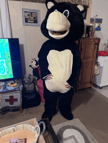 a person in a bear costume stands in front of a tv