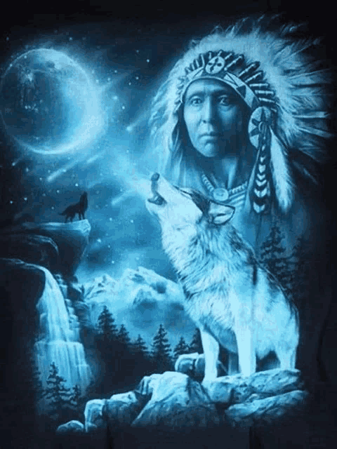 a painting of a native american chief with a wolf howling