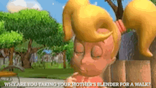a cartoon girl with blonde hair and pigtails is asking why are you taking your mother 's blender for a walk .
