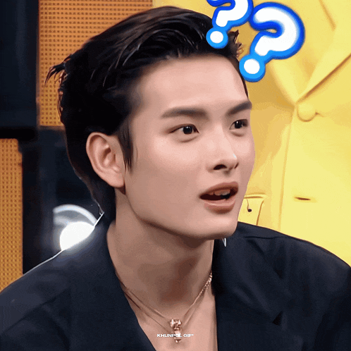 a close up of a person 's face with a question mark above his head