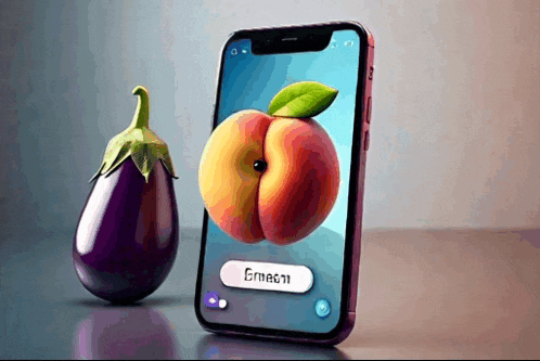 a phone with a peach and an eggplant on it