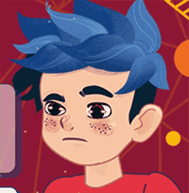 a cartoon boy with blue hair and freckles is looking at something