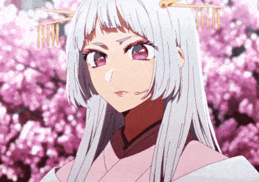 a girl with white hair and purple eyes is wearing a headband
