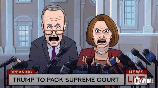 a cartoon of a man and woman standing in front of microphones with the headline trump to pack supreme court behind them