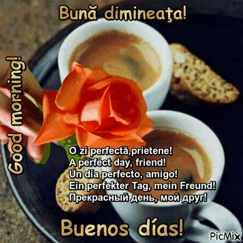 a picture of two cups of coffee and a rose with the words buenos dias below it