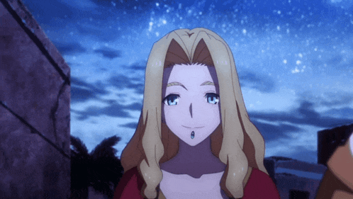 a woman with blonde hair and blue eyes is smiling in front of a starry night sky