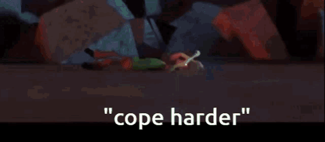 a person holding a green light saber with the words " cope harder " written below them