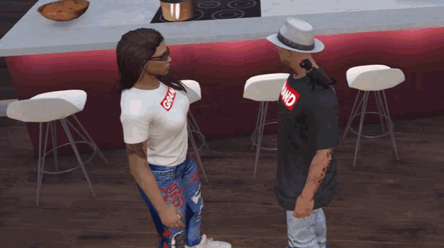 a man and a woman are standing next to each other and the woman is wearing a shirt that says supreme