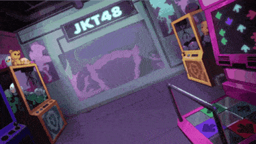 an arcade with a sign that says jkt48