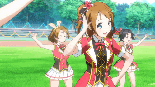 three anime girls are dancing on a field and one has a red flower in her hair