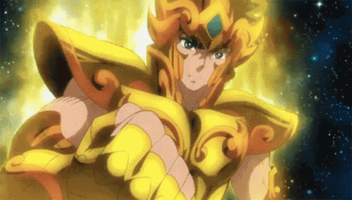 a cartoon character is wearing a gold armor and has a blue badge on his head