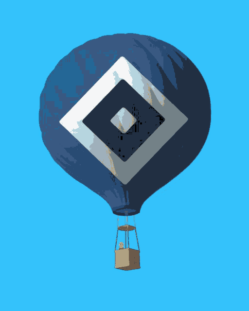 a blue hot air balloon with a black diamond on it