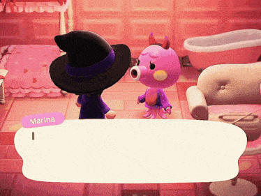 a video game character named marina is talking to a pink octopus