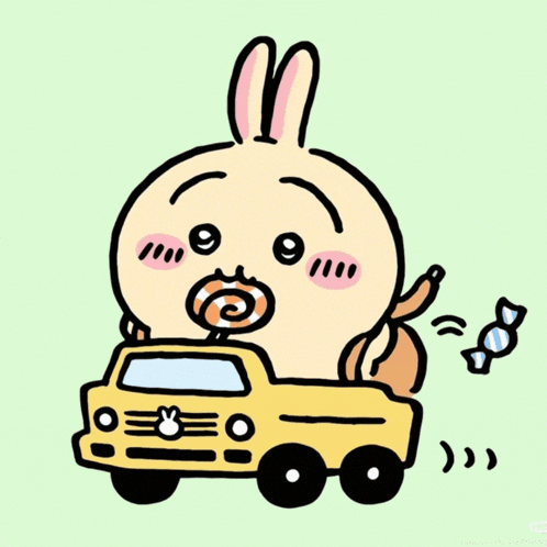 a cartoon of a bunny driving a toy truck with a lollipop in its mouth