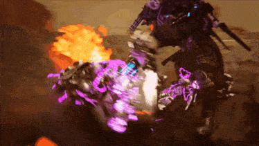 a video game character is fighting a robot with a purple and orange explosion in the background