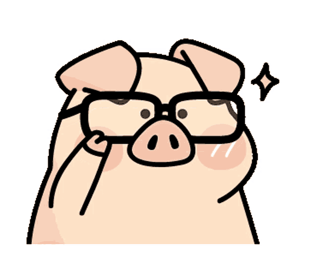 a cartoon pig wearing glasses with a sparkle in its eye