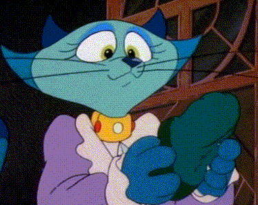 a cartoon cat is wearing a purple coat and holding a green object