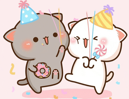 two cartoon cats wearing party hats and holding a donut and a lollipop
