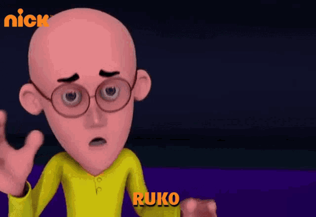 a bald cartoon character with glasses and a yellow shirt is called ruko