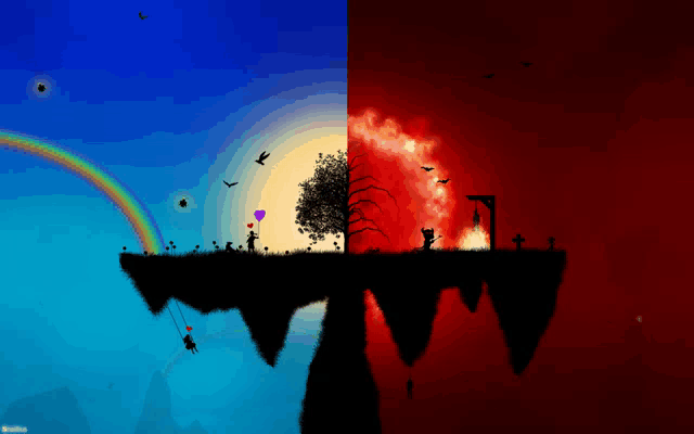 a blue and red landscape with a rainbow in the sky