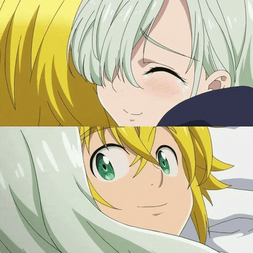 a couple of anime characters looking at each other with one of them smiling