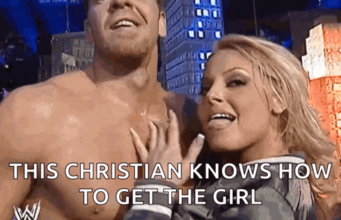 a woman is touching a man 's chest with the words `` this christian knows how to get the girl '' written below it .