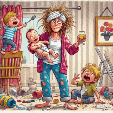 an illustration of a woman holding a baby and drinking wine