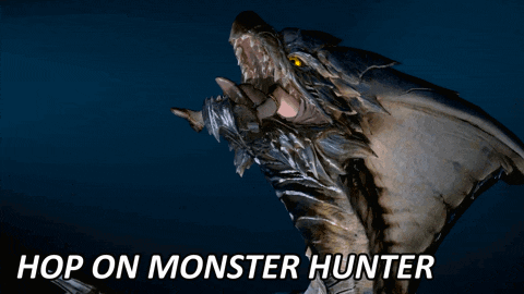 a poster with a monster and the words hop on monster hunter