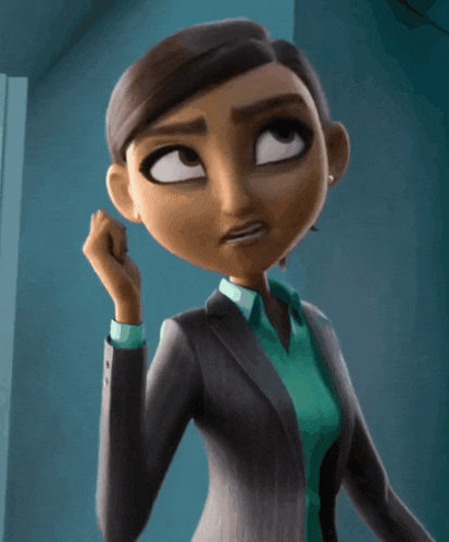 a cartoon woman in a suit and green shirt is looking up