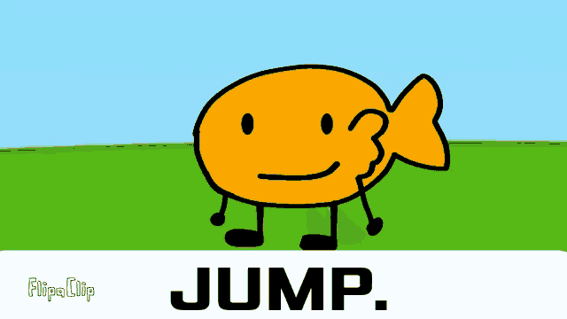 a cartoon fish with arms and legs is jumping in the air .