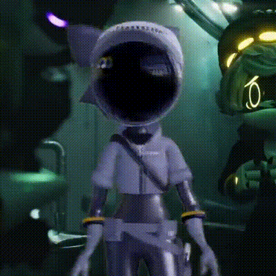 a cartoon character with a helmet on his head is standing in a dark room with a green light behind him .