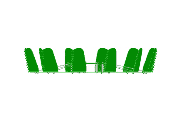 a row of green chairs are arranged in a row on a white background