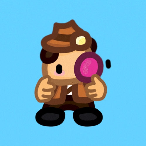 a cartoon character with a magnifying glass and a hat