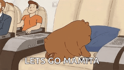 a cartoon of a man sleeping on an airplane with a bear saying lets go mamita