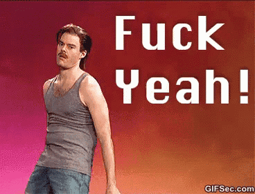 a man in a tank top is standing in front of a red background that says fuck yeah