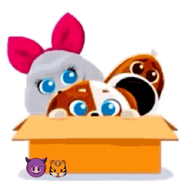 a box filled with stuffed animals and emojis including a tiger and a devil .