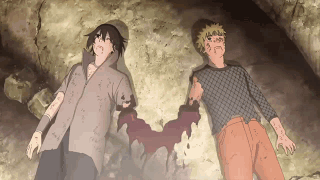 naruto and sasuke are laying on the ground with blood coming out of their hands
