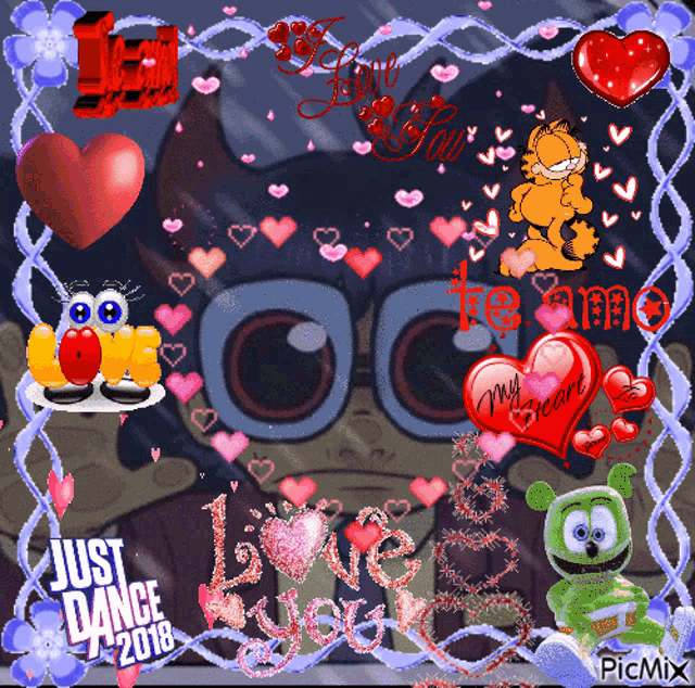 a picture of a cartoon character surrounded by hearts with the words just dance 2018 at the bottom