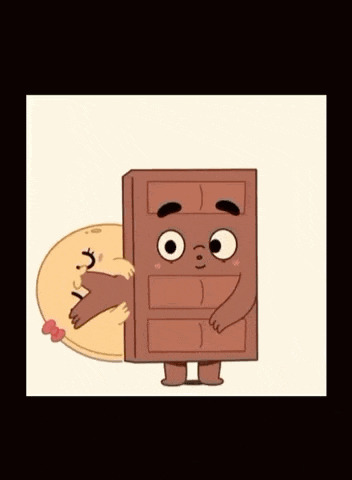 a cartoon drawing of a chocolate bar holding a cookie .