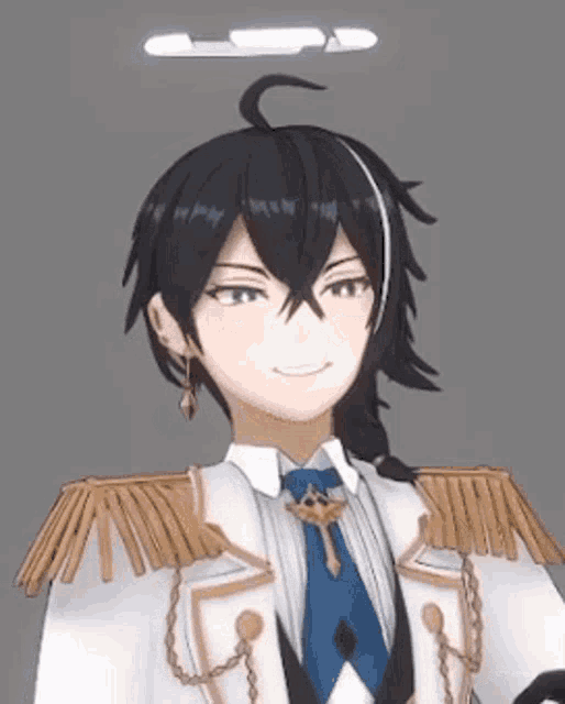 a close up of a 3d anime character wearing a suit and tie with a halo on his head .