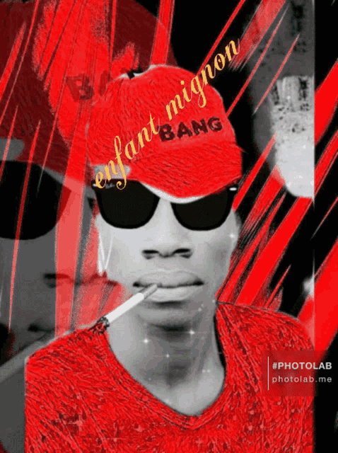 a man wearing sunglasses and a red hat with enfant mignon bang on it