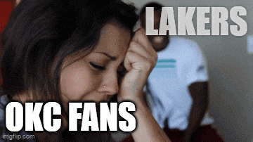 a woman is crying with the words lakers okc fans written above her