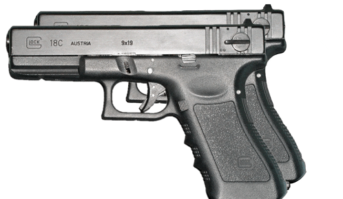 a black glock 18c austria 9x19 pistol is shown on a white background